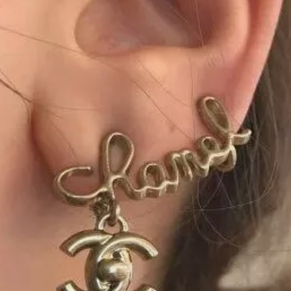 CHANEL Jewelry - Chanel Gold tone Huggie Double CC Cursive Script Drop Earrings